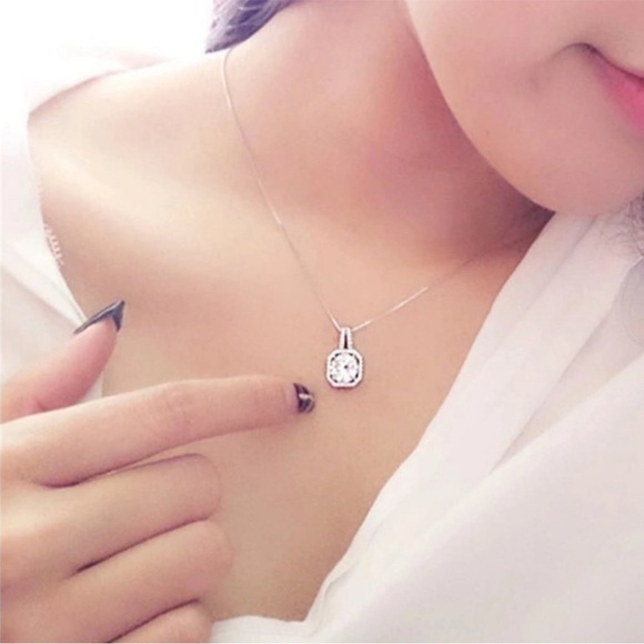 NEW Silver 3CT Diamond Halo Square Necklace - Picture 2 of 3